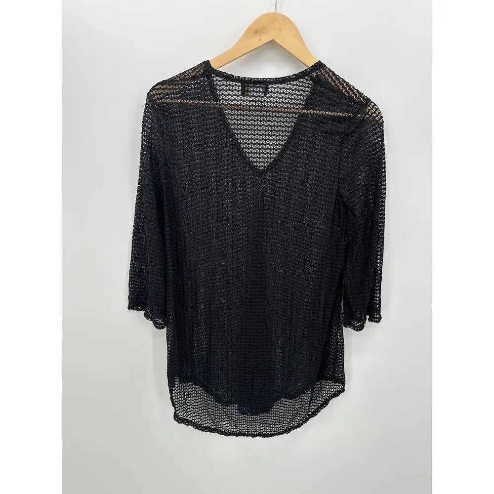 Jordan Taylor Sheer Black Tunic Swim Cover-Up V-Neck Bell‎ Sleeve Size S Beach